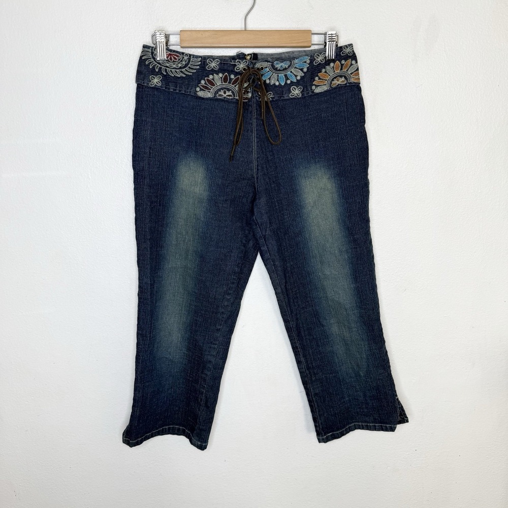 Y2K Solo Jeans‎ Embroidered Denim Capris Lace Up Women's 8 Floral Hippie Boho